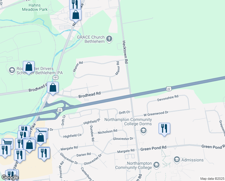 map of restaurants, bars, coffee shops, grocery stores, and more near 3666 Cottage Lane in Bethlehem