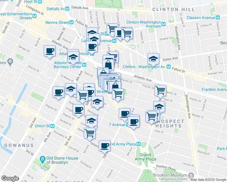 map of restaurants, bars, coffee shops, grocery stores, and more near 66 6th Avenue in Brooklyn