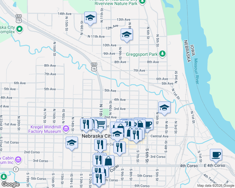 map of restaurants, bars, coffee shops, grocery stores, and more near 602 5th Avenue in Nebraska City