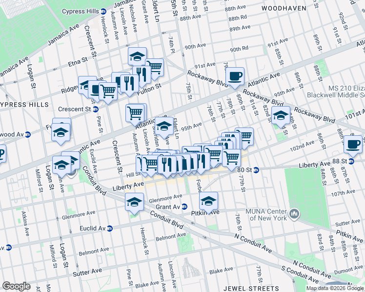 map of restaurants, bars, coffee shops, grocery stores, and more near 382 Eldert Lane in Brooklyn