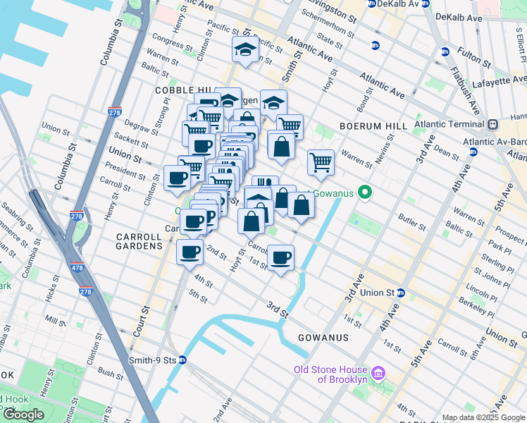 map of restaurants, bars, coffee shops, grocery stores, and more near 303 Hoyt Street in Brooklyn