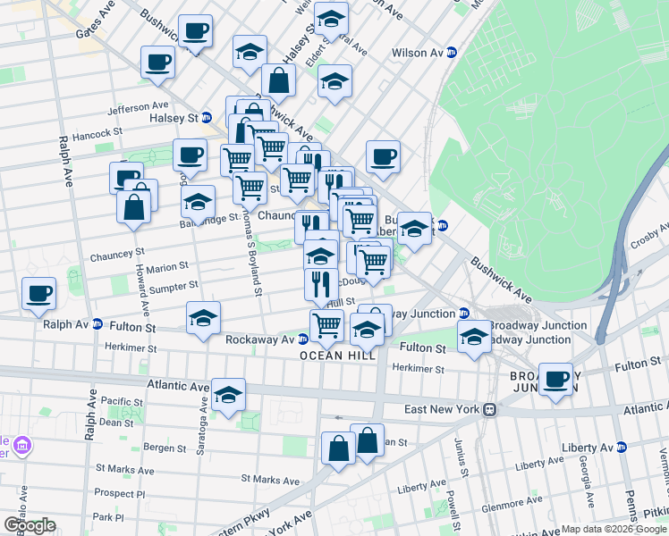 map of restaurants, bars, coffee shops, grocery stores, and more near 346 Sumpter Street in Brooklyn