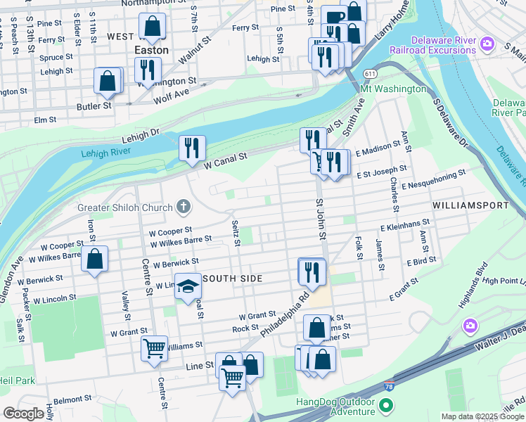 map of restaurants, bars, coffee shops, grocery stores, and more near 342 West Nesquehoning Street in Easton