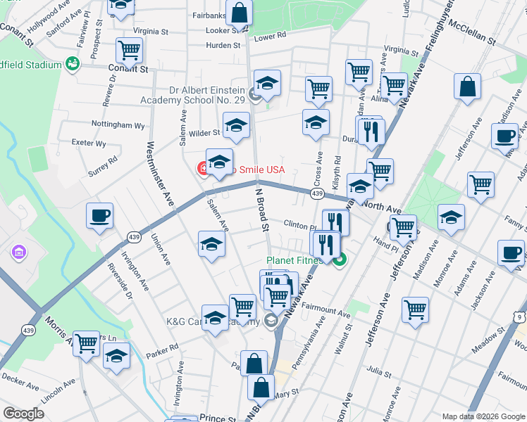 map of restaurants, bars, coffee shops, grocery stores, and more near 755 North Broad Street in Elizabeth