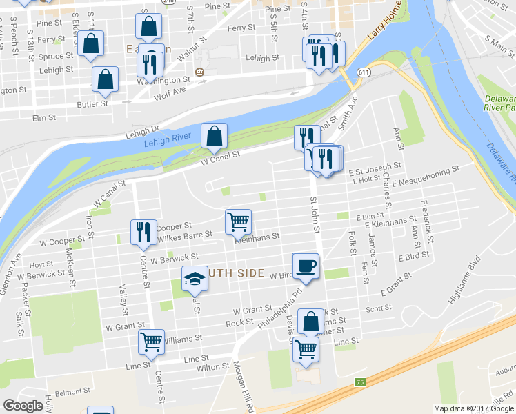 map of restaurants, bars, coffee shops, grocery stores, and more near 342 West Nesquehoning Street in Easton