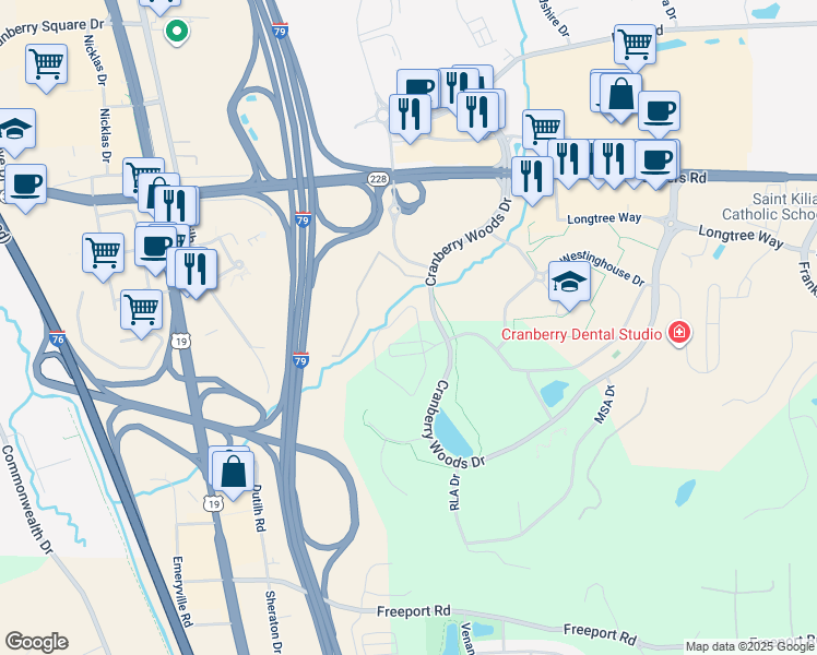 map of restaurants, bars, coffee shops, grocery stores, and more near 1000 Creekview Circle in Cranberry Township