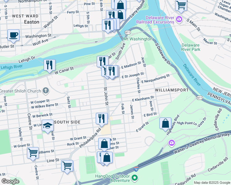 map of restaurants, bars, coffee shops, grocery stores, and more near 125 West Wilkes Barre Street in Easton