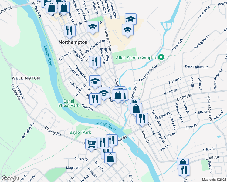 map of restaurants, bars, coffee shops, grocery stores, and more near 32 East 13th Street in Northampton