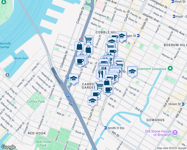 map of restaurants, bars, coffee shops, grocery stores, and more near 423 Clinton Street in Brooklyn