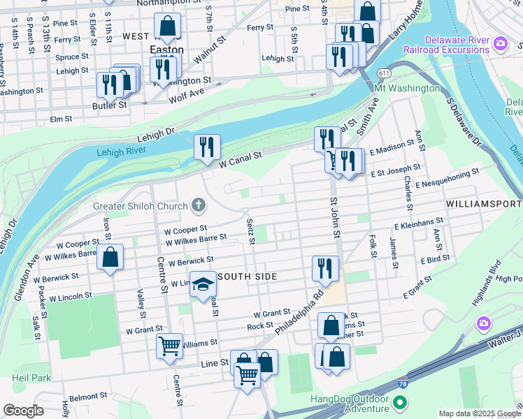 map of restaurants, bars, coffee shops, grocery stores, and more near 378 West Nesquehoning Street in Easton