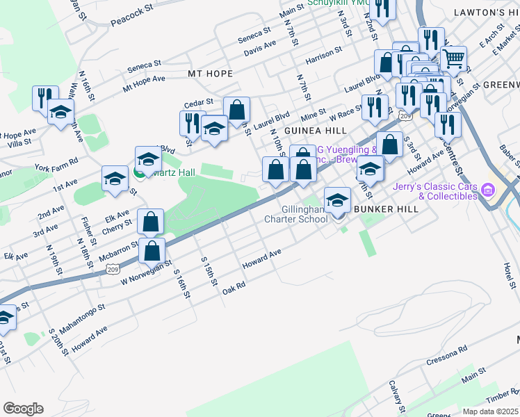 map of restaurants, bars, coffee shops, grocery stores, and more near 1233 West Market Street in Pottsville