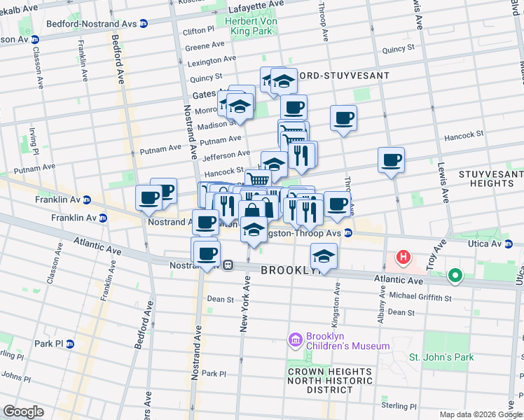 map of restaurants, bars, coffee shops, grocery stores, and more near 138 Macon Street in Brooklyn