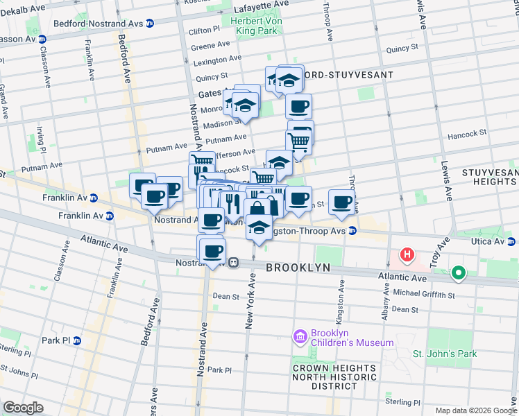 map of restaurants, bars, coffee shops, grocery stores, and more near 107 Macon Street in Brooklyn