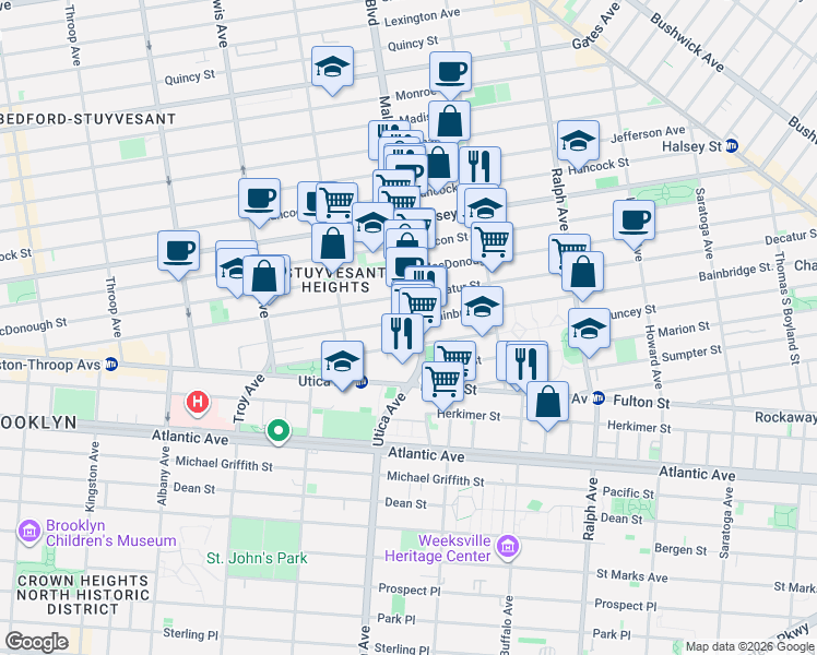 map of restaurants, bars, coffee shops, grocery stores, and more near 332 Malcolm X Boulevard in Brooklyn