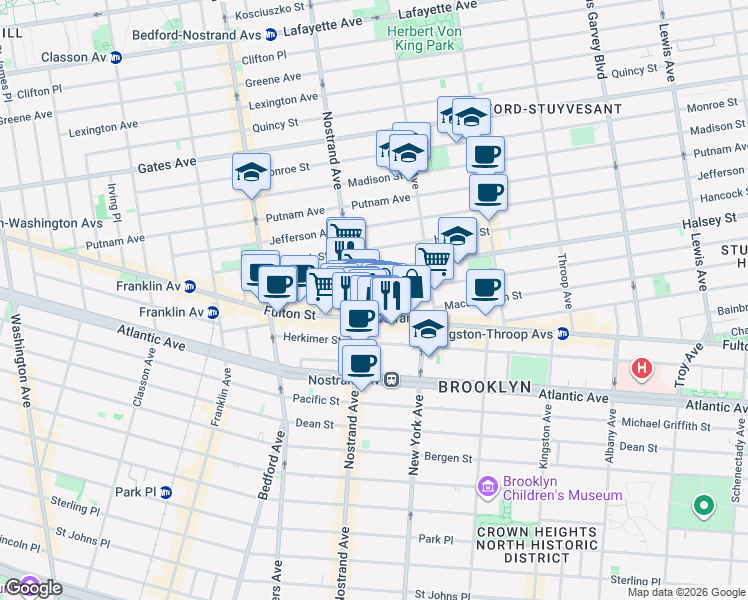 map of restaurants, bars, coffee shops, grocery stores, and more near 54 Macon Street in Brooklyn