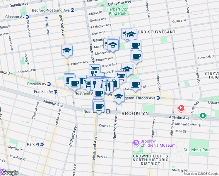 map of restaurants, bars, coffee shops, grocery stores, and more near 67 Macon Street in Brooklyn