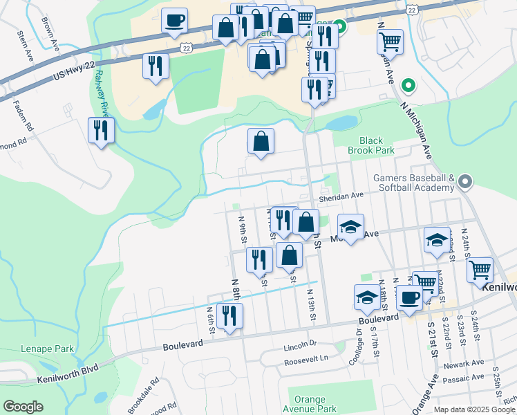 map of restaurants, bars, coffee shops, grocery stores, and more near 30 Lafayette Place in Kenilworth