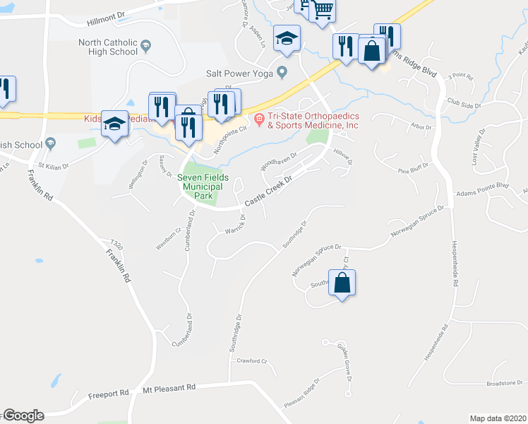 map of restaurants, bars, coffee shops, grocery stores, and more near 305 Covington Court in Seven Fields