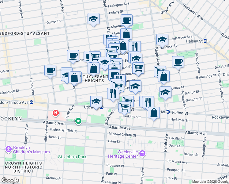 map of restaurants, bars, coffee shops, grocery stores, and more near 190 Bainbridge Street in Brooklyn