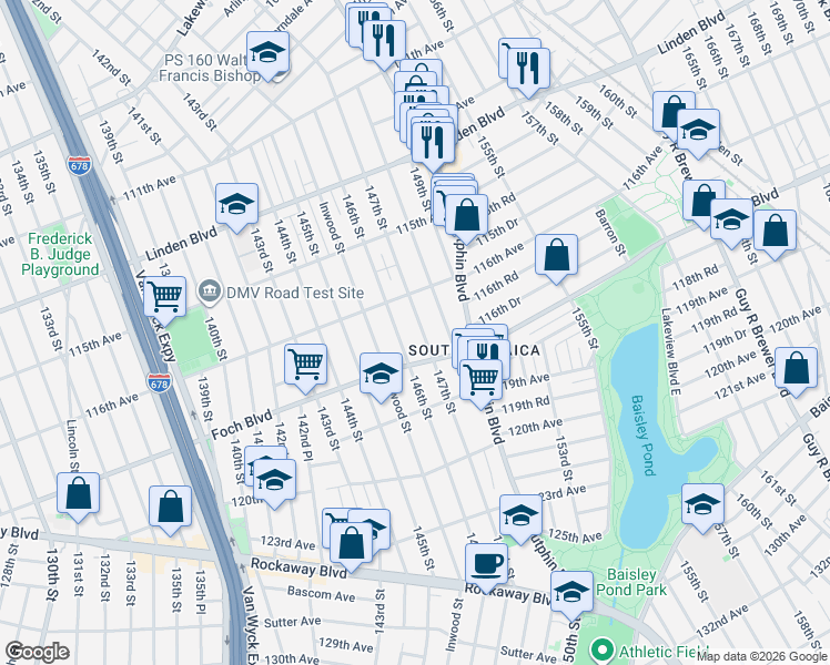 map of restaurants, bars, coffee shops, grocery stores, and more near 116-23 147th Street in Queens