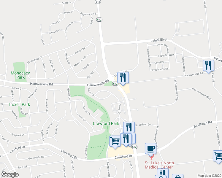 map of restaurants, bars, coffee shops, grocery stores, and more near 5218 Cheryl Drive in Bethlehem