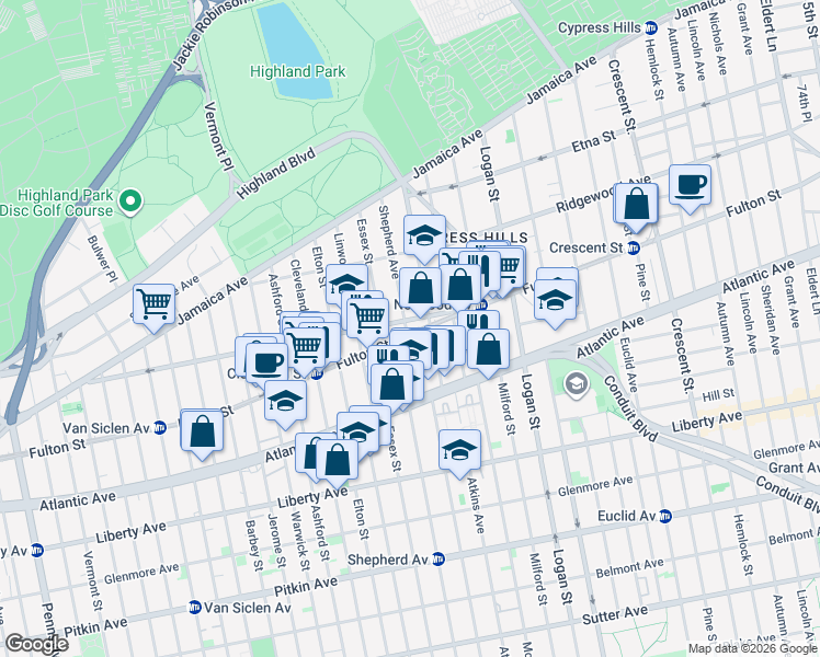 map of restaurants, bars, coffee shops, grocery stores, and more near 3059 Fulton Street in Brooklyn