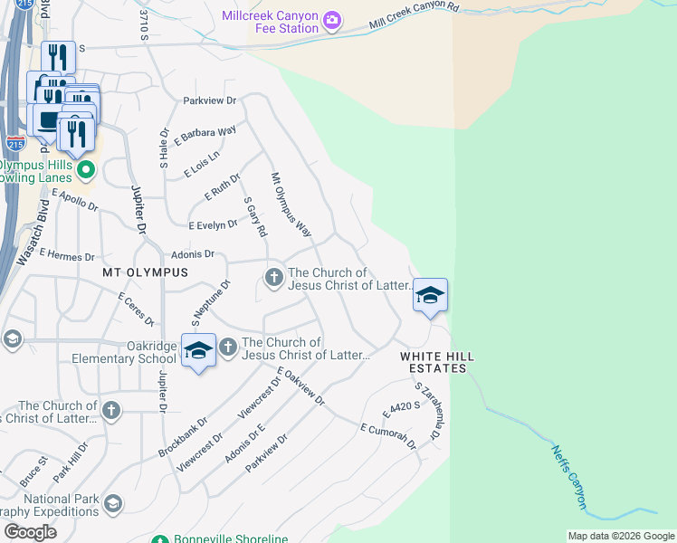 map of restaurants, bars, coffee shops, grocery stores, and more near 4126 Parkview Drive in Salt Lake City