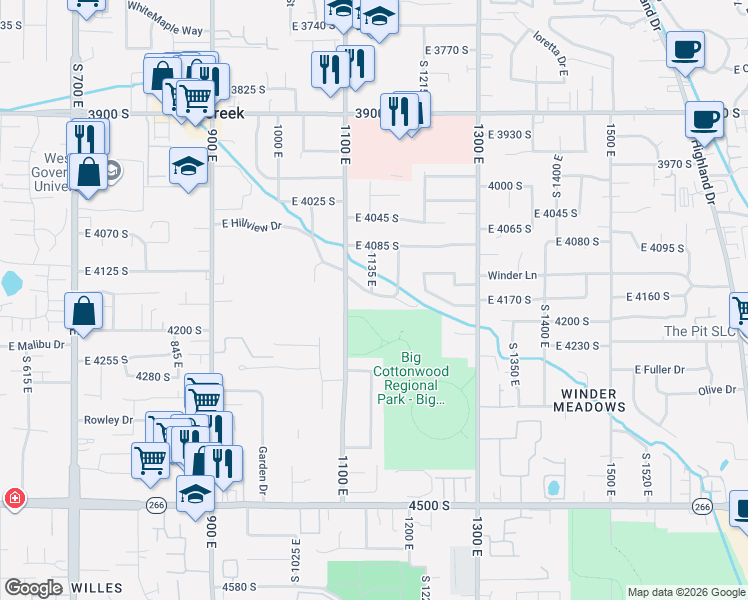 map of restaurants, bars, coffee shops, grocery stores, and more near 1155 Hillview Drive in Millcreek