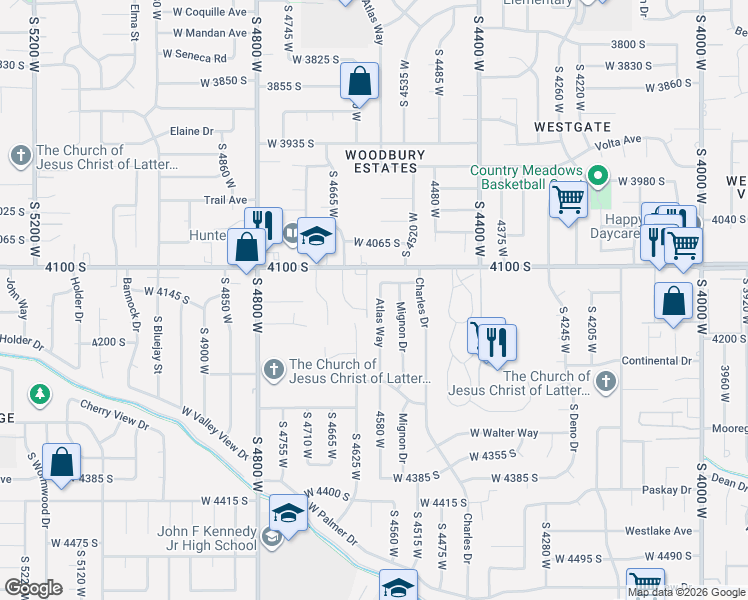 map of restaurants, bars, coffee shops, grocery stores, and more near 4576 4120 South in West Valley City