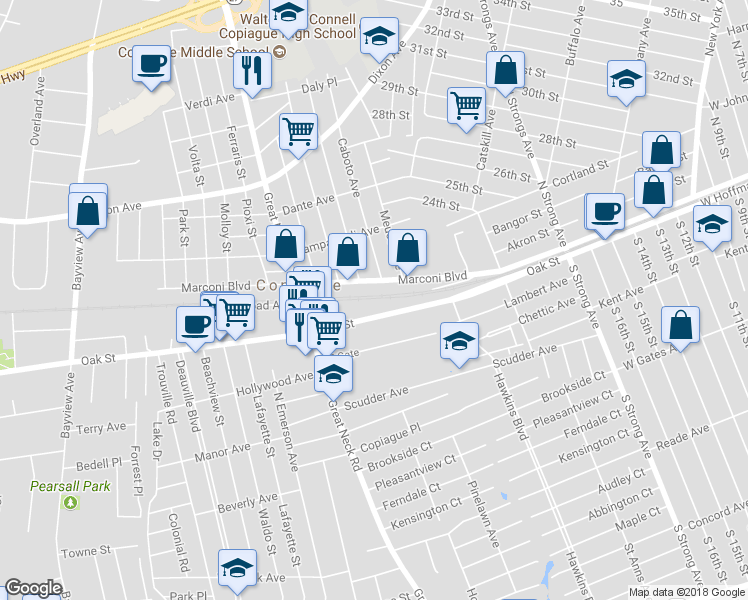 map of restaurants, bars, coffee shops, grocery stores, and more near 980-990 Marconi Boulevard in Copiague