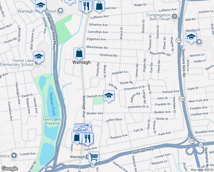 map of restaurants, bars, coffee shops, grocery stores, and more near in Wantagh
