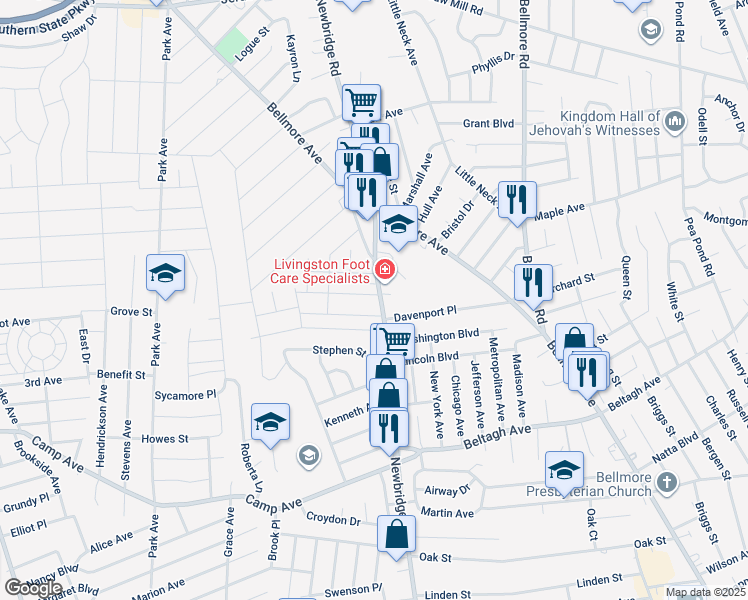map of restaurants, bars, coffee shops, grocery stores, and more near 2407 Bennett Avenue in North Bellmore