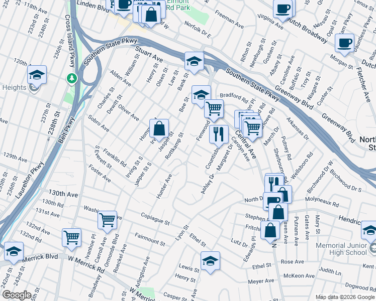 map of restaurants, bars, coffee shops, grocery stores, and more near 1009 Rottkamp Street in Valley Stream