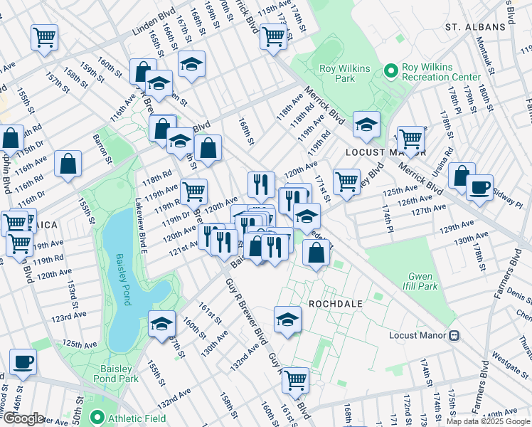 map of restaurants, bars, coffee shops, grocery stores, and more near in Queens