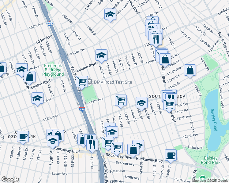 map of restaurants, bars, coffee shops, grocery stores, and more near 115-29 142nd Street in Queens