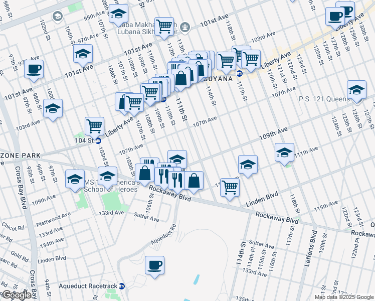 map of restaurants, bars, coffee shops, grocery stores, and more near 107-30 111th Street in Queens