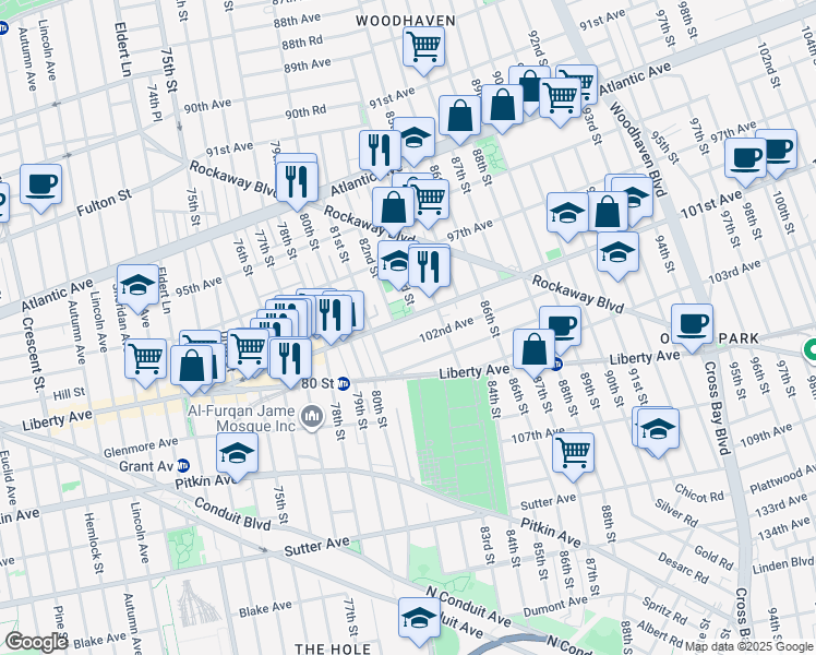 map of restaurants, bars, coffee shops, grocery stores, and more near 82nd Street in Queens