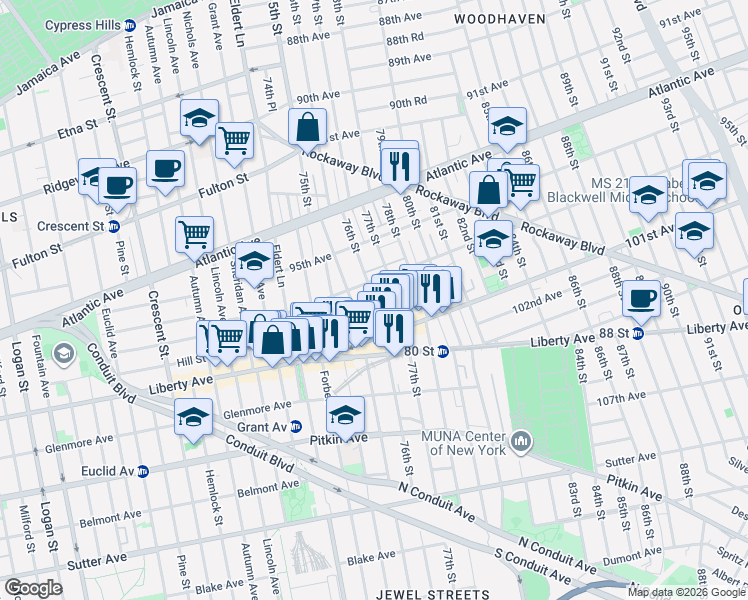 map of restaurants, bars, coffee shops, grocery stores, and more near 76-18 97th Avenue in Queens