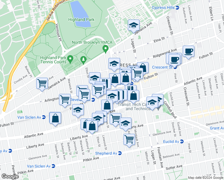 map of restaurants, bars, coffee shops, grocery stores, and more near 140 Shepherd Avenue in Brooklyn