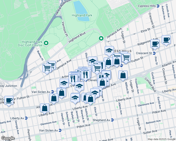 map of restaurants, bars, coffee shops, grocery stores, and more near 94 Elton Street in Brooklyn