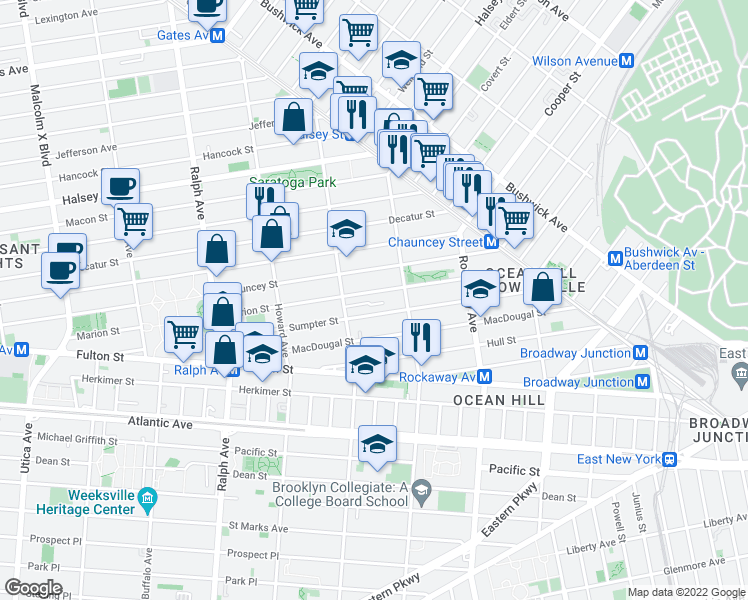 map of restaurants, bars, coffee shops, grocery stores, and more near 341 Marion Street in Brooklyn