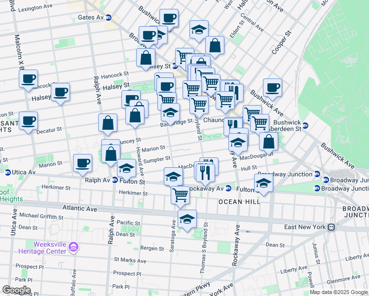 map of restaurants, bars, coffee shops, grocery stores, and more near 341 Marion Street in Brooklyn