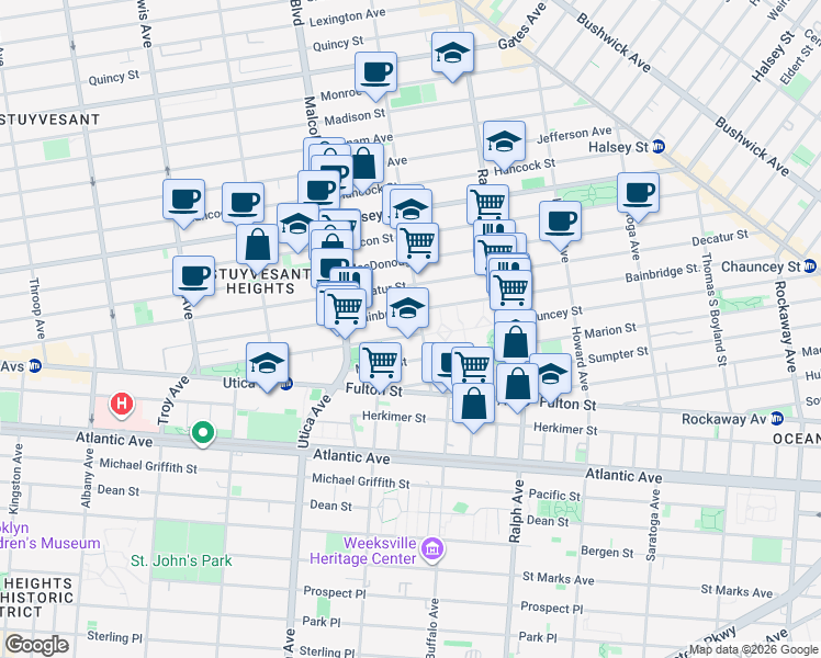 map of restaurants, bars, coffee shops, grocery stores, and more near 276 Bainbridge Street in Brooklyn