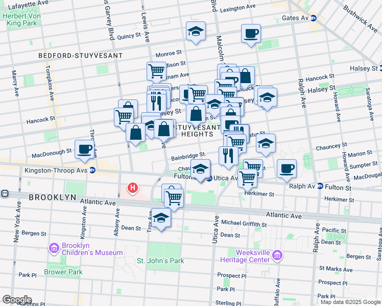 map of restaurants, bars, coffee shops, grocery stores, and more near 288 Decatur Street in Brooklyn
