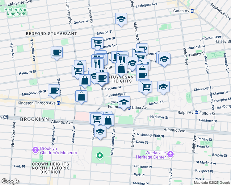 map of restaurants, bars, coffee shops, grocery stores, and more near 257 Decatur Street in Brooklyn