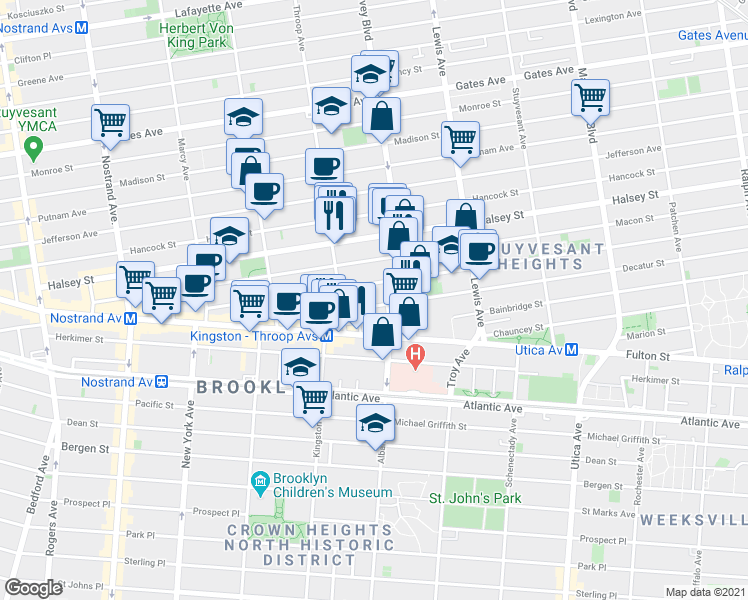 map of restaurants, bars, coffee shops, grocery stores, and more near 169 MacDonough Street in Brooklyn