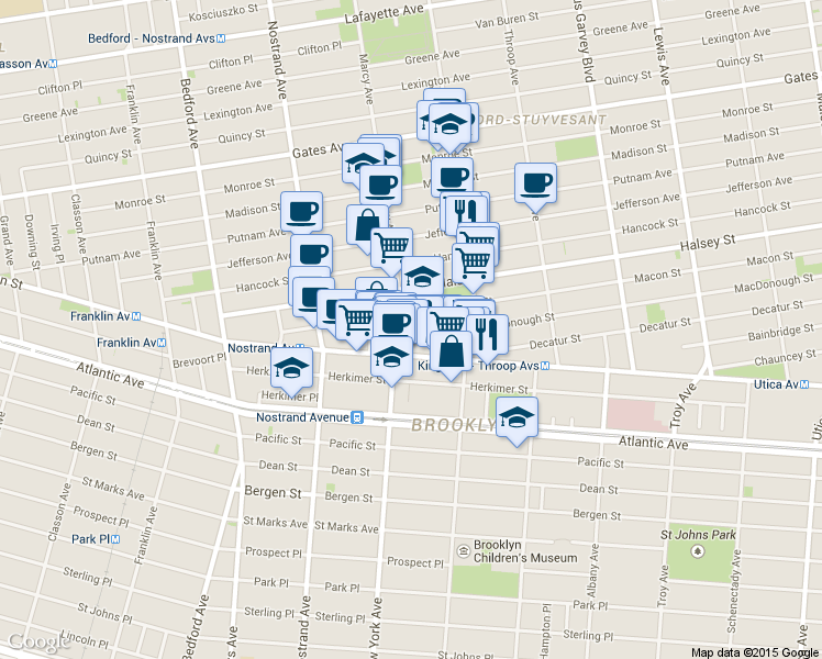 map of restaurants, bars, coffee shops, grocery stores, and more near 138 Macon Street in Brooklyn