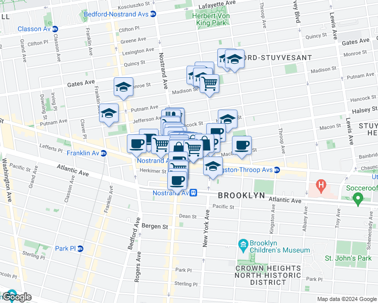map of restaurants, bars, coffee shops, grocery stores, and more near 67 Macon Street in Brooklyn