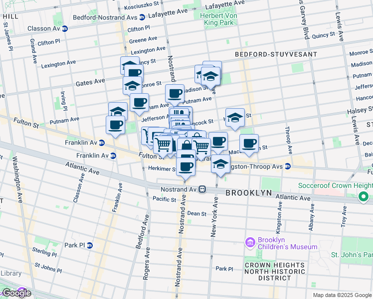 map of restaurants, bars, coffee shops, grocery stores, and more near 492 Nostrand Avenue in Brooklyn