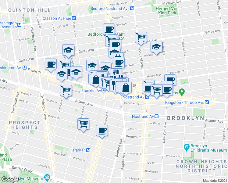 map of restaurants, bars, coffee shops, grocery stores, and more near 16 Spencer Place in Brooklyn